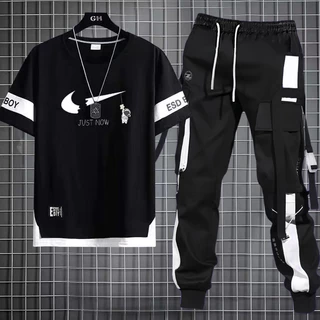 Calça De Carga Masculina Estilo Hip Hop Joggers + Conjunto De Moda Com Camiseta Casual De Manga Curta