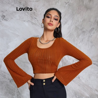 Lovito Camiseta Crop Jacquard de Tecido Liso para Mulheres LBE02107 (Marrom)