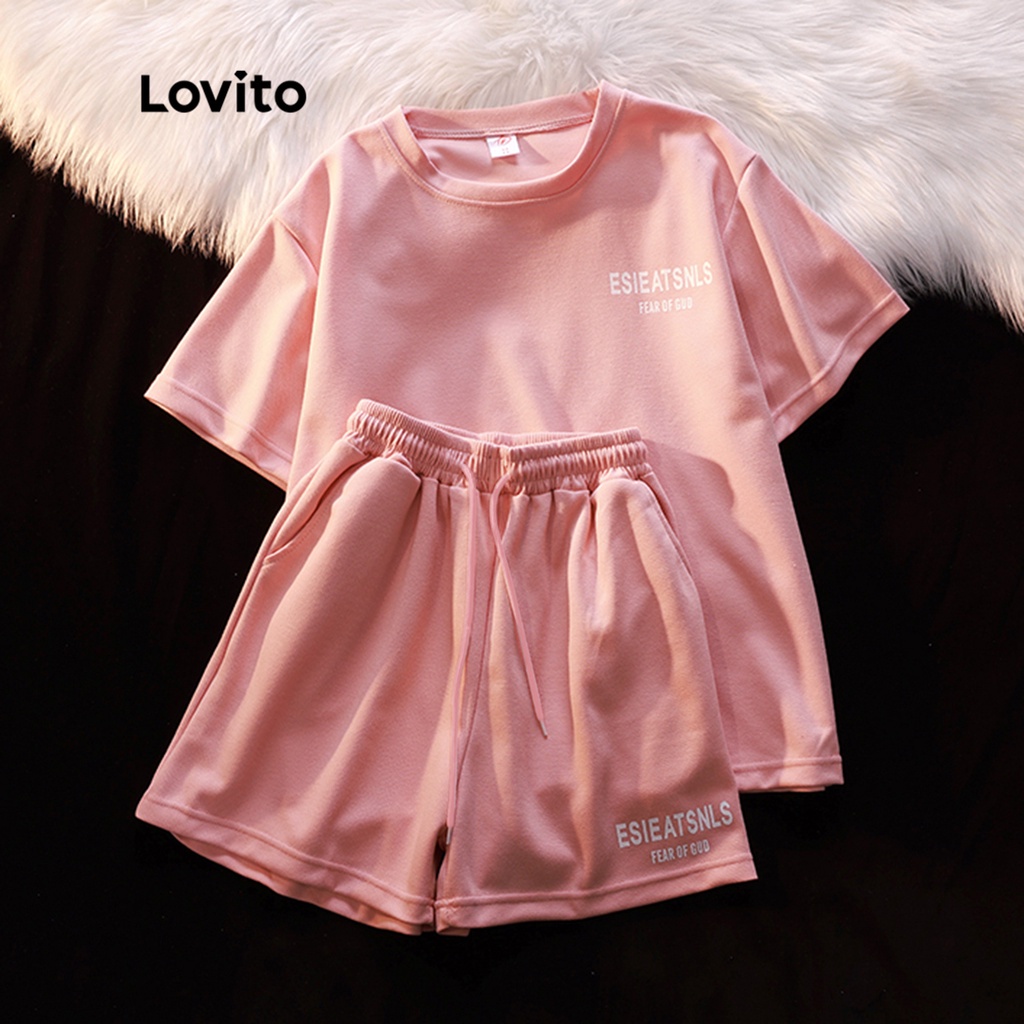 Lovito Conjunto de Shorts com Decote Quadrado e Amarração para Mulheres LNA09336 (Rosa)