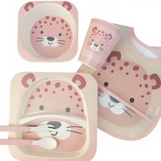 Kit Refeição Feito Em Bambu Mais Babador Com Bolso Cachorrinho - Buba