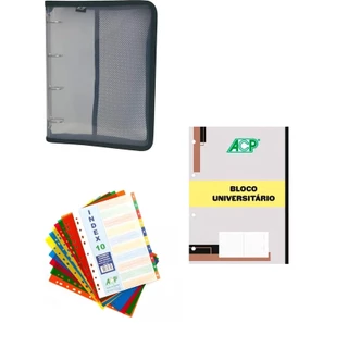 Fichário 4 Argolas Ziper Preto 250x340x35mm c Divisória Plástica C/10 c Bloco 96 Folhas