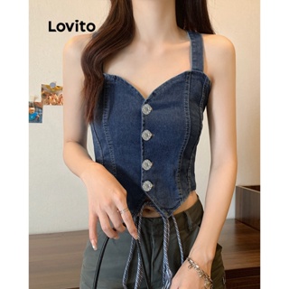 Lovito Top Jeans Casual Liso Assimétrico Com Botão Borboleta Frontal Para Mulheres L74ED005