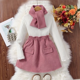 3PCS 8-12 Anos Kid Girl Clothes Set White Long Sleeve Tricotar Top Saia Cor-De-Rosa Com Cachecol Fashion Gentle Style Chlidren Roupa Casual De Inverno