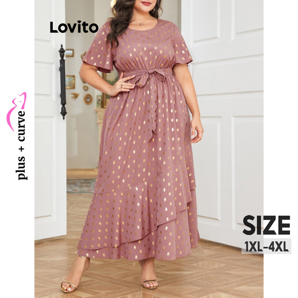 Lovito Vestido Feminino Plus Size Curvo Elegante Com Bolinhas E Babados Com Cadarço LNL38102 (Rosa)