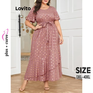 Lovito Vestido Elegante Plus Size com Amarração e Babados de Poá para Mulheres LNL38102 (Rosa)
