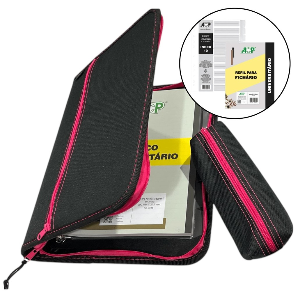 Fichario 4 Argolas Universitario Nylon Preto/Rosa + 6 Divisosrias + Bloco 96 folhas + Estojo