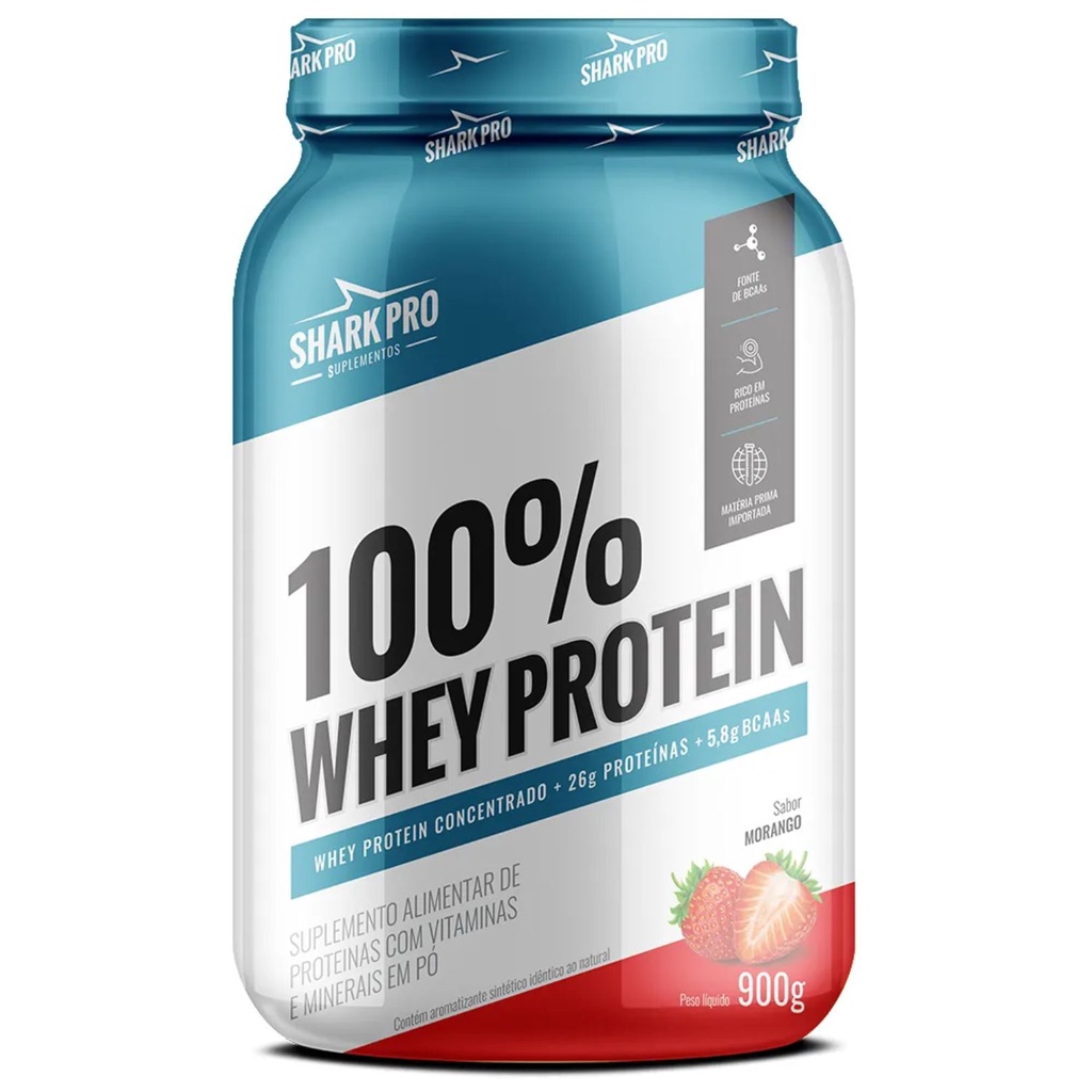Whey Protein 100% Concentrado sabor Morango Pote 900g Suplemento Alimentar Hidrolisado