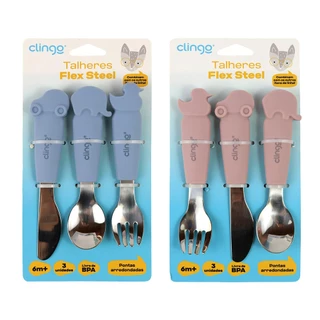 Kit Talheres Flex Steel Silicone e Inox 3un Bebê Clingo