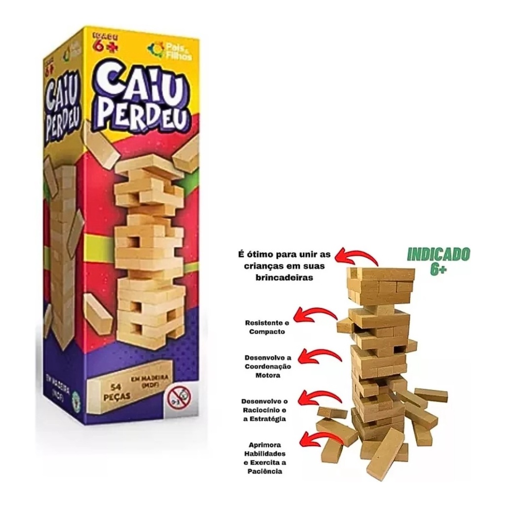 Kit 3 Jogos Uno + Dominó E Caiu Perdeu Torre Jenga Presente