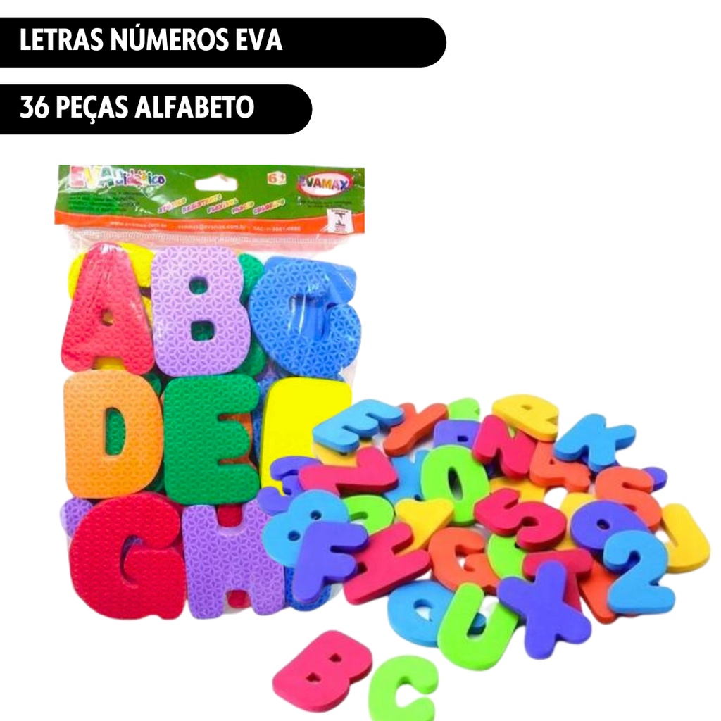 Letras Números EVA 36 peças Alfabeto 8cm 10mm Evamax