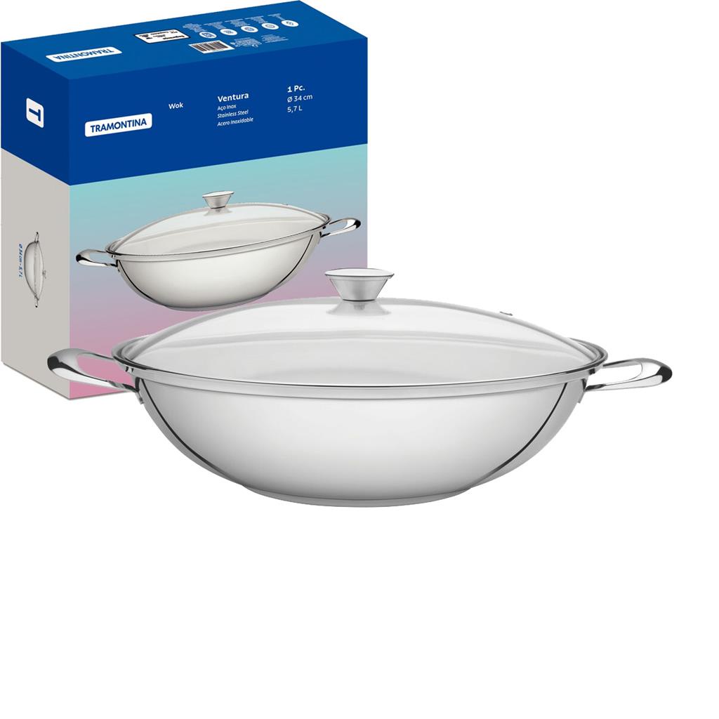 Panela Tramontina Wok Inox Fundo Triplo Para Fogão Inducao 34cm 5,7 L Com Tampa de Vidro