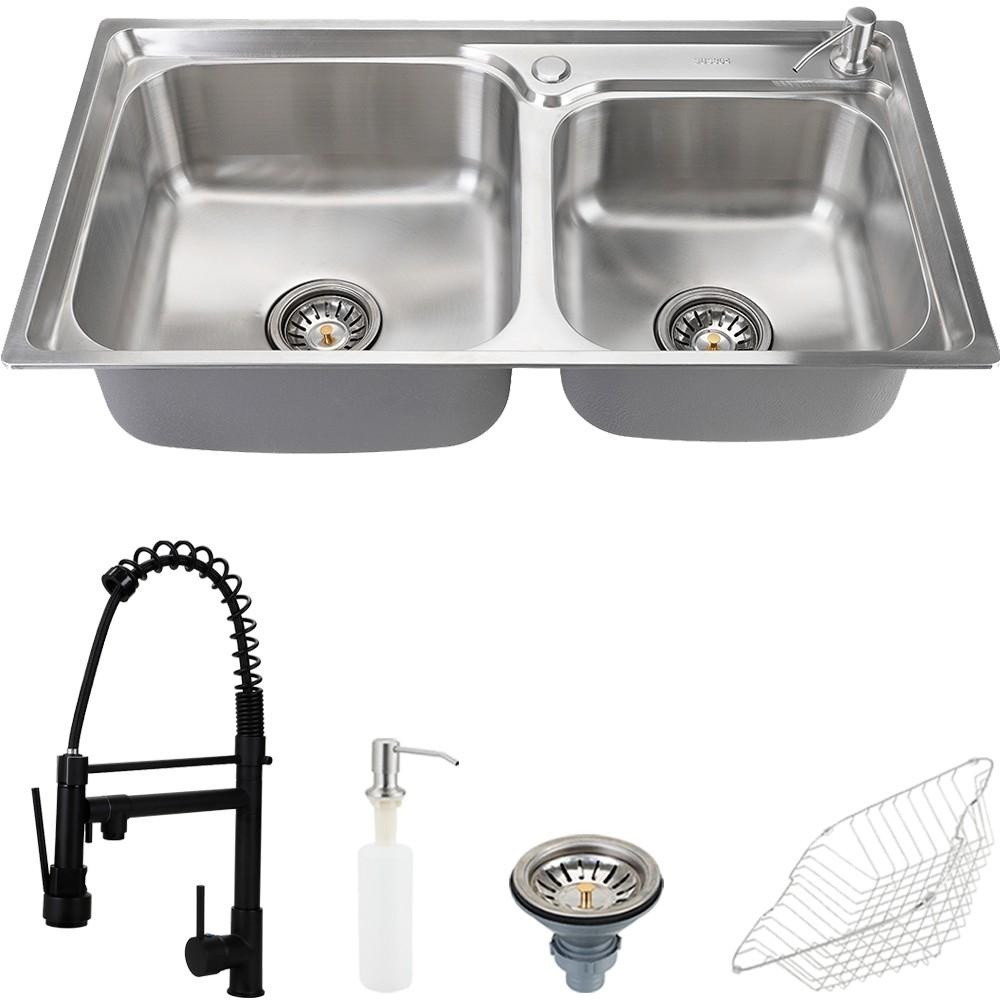 Cuba para cozinha pia dupla com acessórios Potiguara e Torneira monocomando gourmet Munim Preto Pingoo