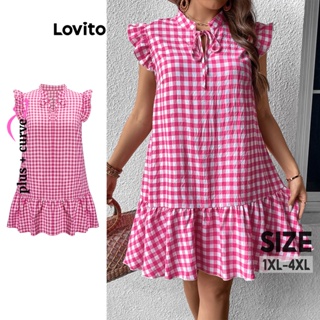 Lovito Plus Size Boho Vestido Feminino Gingham Amarrado com Bainha de Babados Enrugada LBE05146 (Rosa)