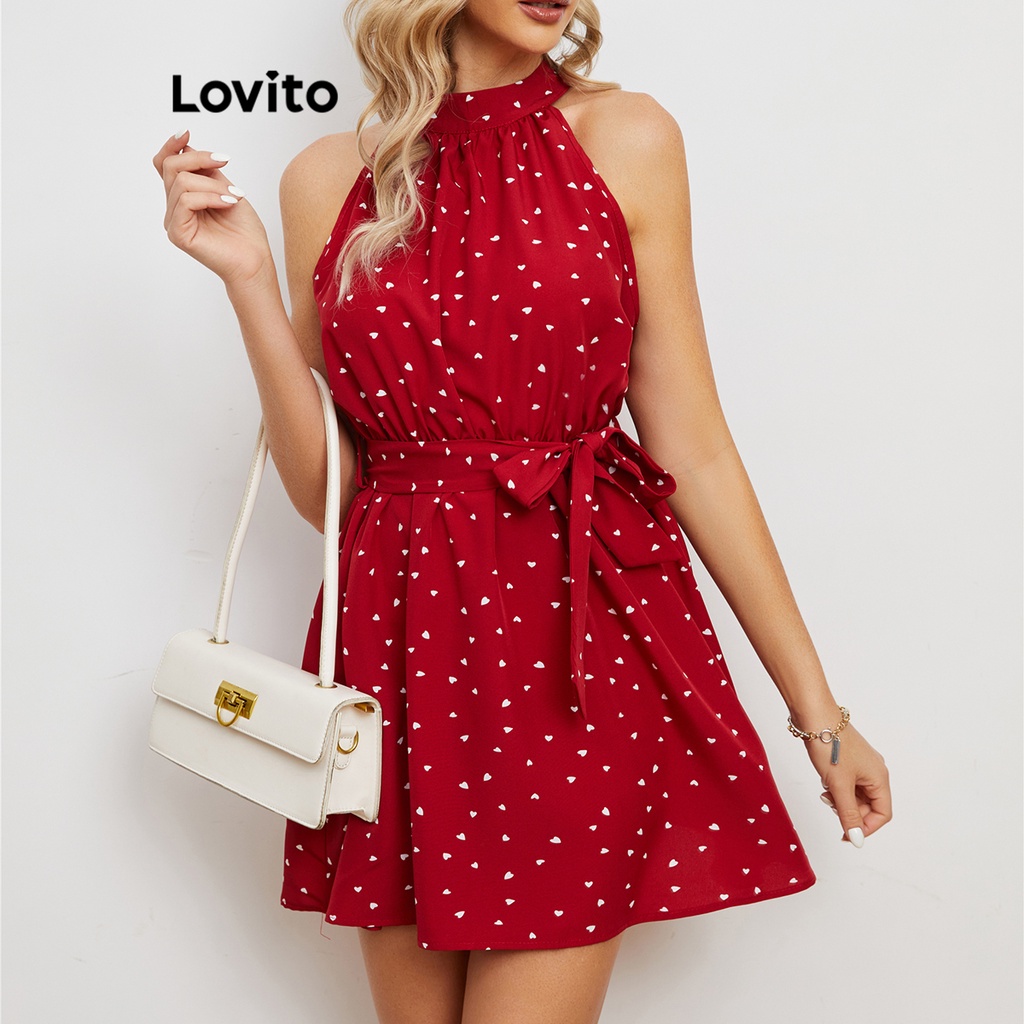 Lovito Vestido Casual De Bolinhas Franzido Com Cinto Para Mulheres LNE27234 (Vermelho Preto)