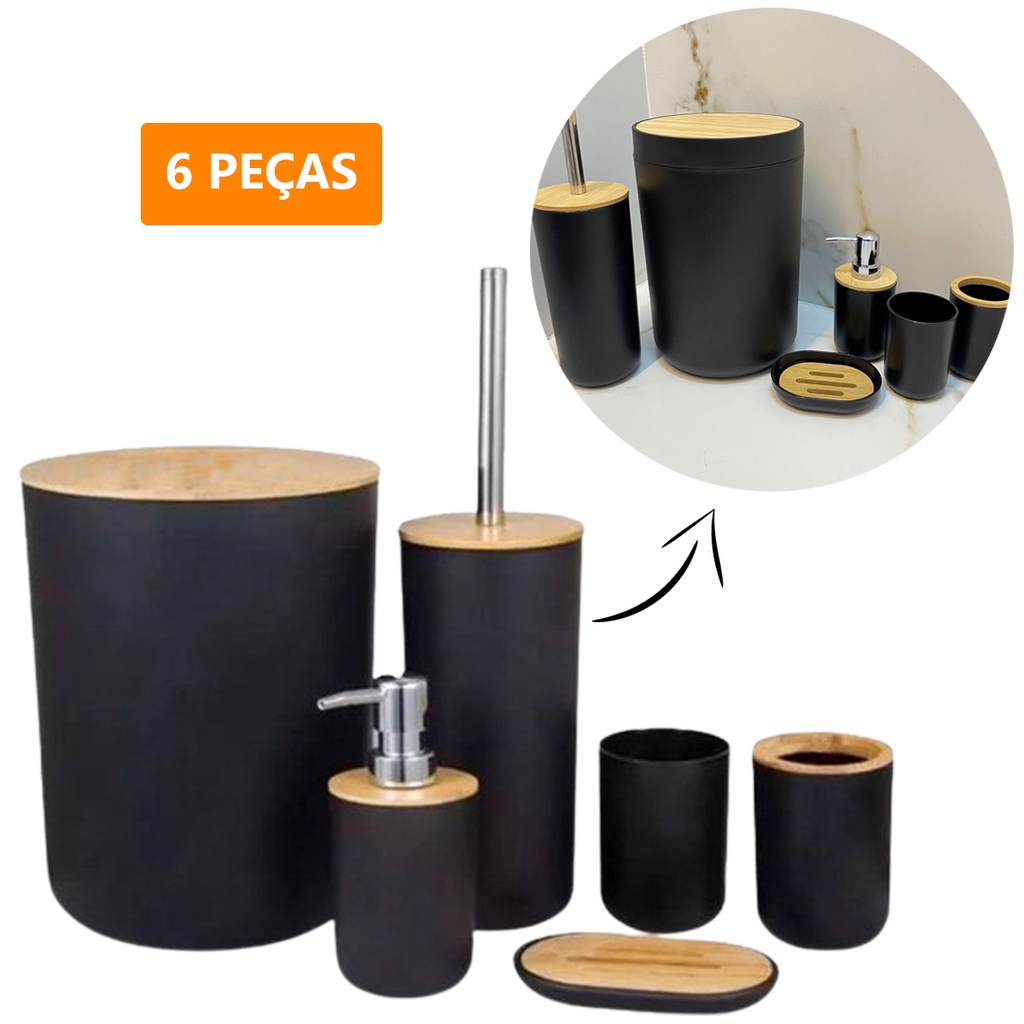 Kit Banheiro 6 Acessórios Plástico e Bambu Elegante Preto