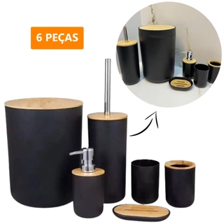 Kit Banheiro 6 Acessórios Plástico e Bambu Elegante Preto