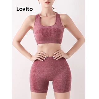 Lovito Conjunto de Roupas Esportivas com Modelagem para Realçar os Glúteos em Tecido Liso Casual para Mulheres LNA19078 (Cinza/Bordô/Preto)