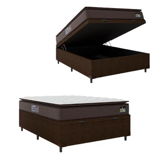 Cama Box Baú Casal Colchão Espuma D45 Pillow Top Strong 138x188x65cm Marrom Hellen - Suporta até 150