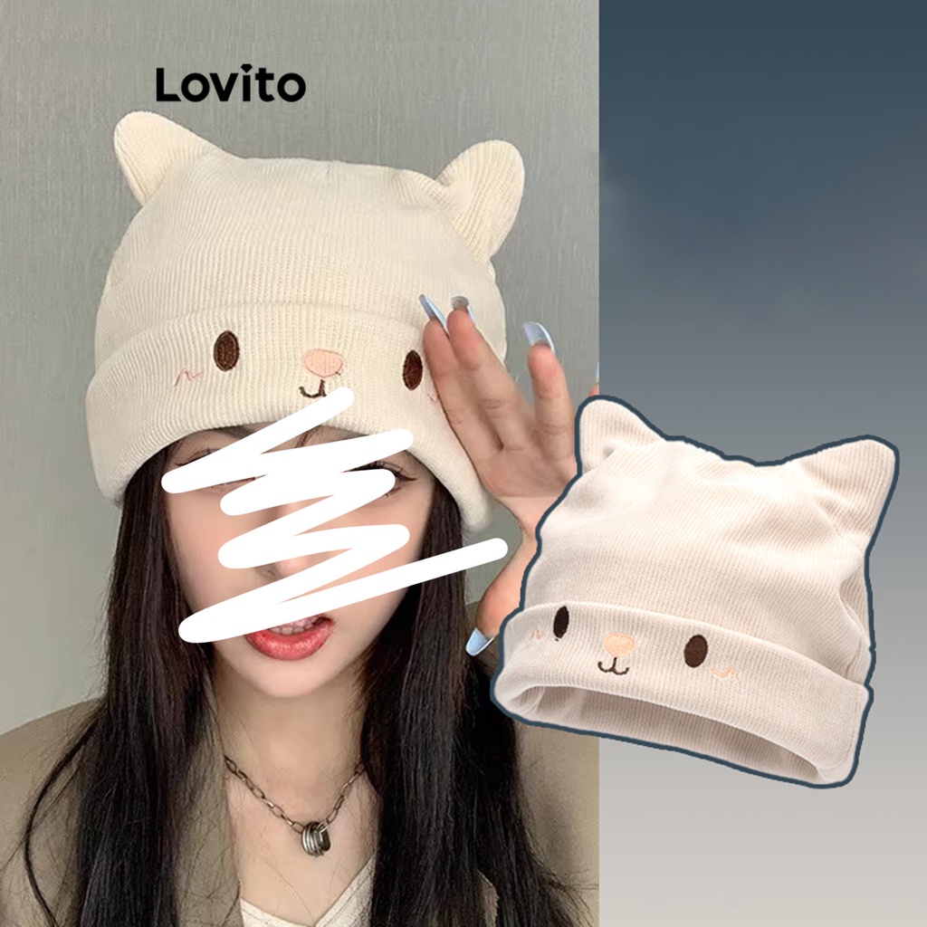 Lovito Bonitos Chapéus de Lã com Orelhas de Gato e Tecelagem de Lã para Mulheres LFA09289