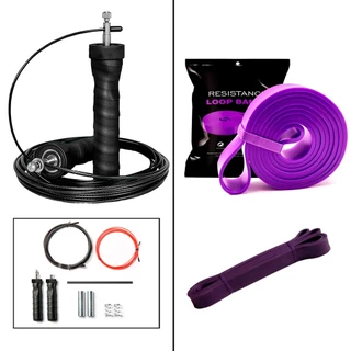 Kit Corda Profissional com Rolamento Cross Training Emborrachada + Elástico Super Band Roxo Resistência Alta