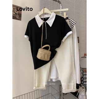 Lovito Camiseta Feminina Casual Com Gola Contrastante E Patchwork LNE42231