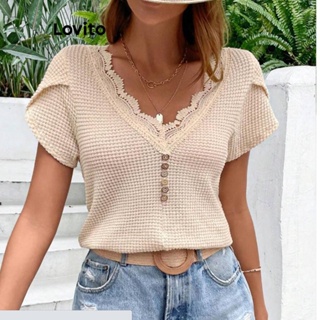 Lovito Camiseta Casual De Renda Lisa Para Mulheres LNE42259