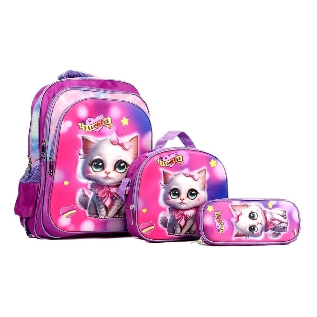 Kit Escolar Infantil Bolsa Lancheira Estojo Estampas 3D Menina e Menino com luzes