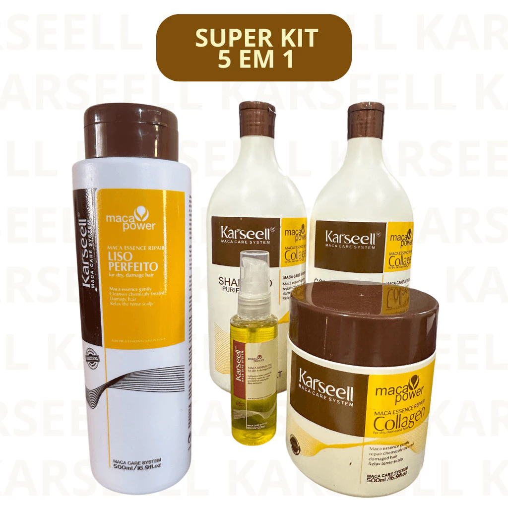 Kit Shampoo e Condicionador Karseell 1L + Máscara Karseell Oiginal 500g + Óleo Maca Essence 50ml + Progressiva