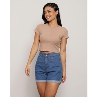 Blusa Feminina Canelada Manga Curta Recorte Bege