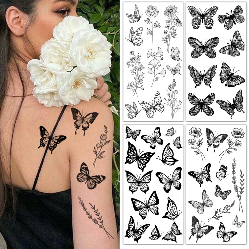 Etiqueta de tatuagem pequena flor borboleta rosa peônia esboço tatuagem  desenhos preto tatuagem mão dedo pulso sexy para mulher adulto