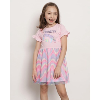 Vestido Infantil Manga Curta Sobreposição Saia de Tule Rosa
