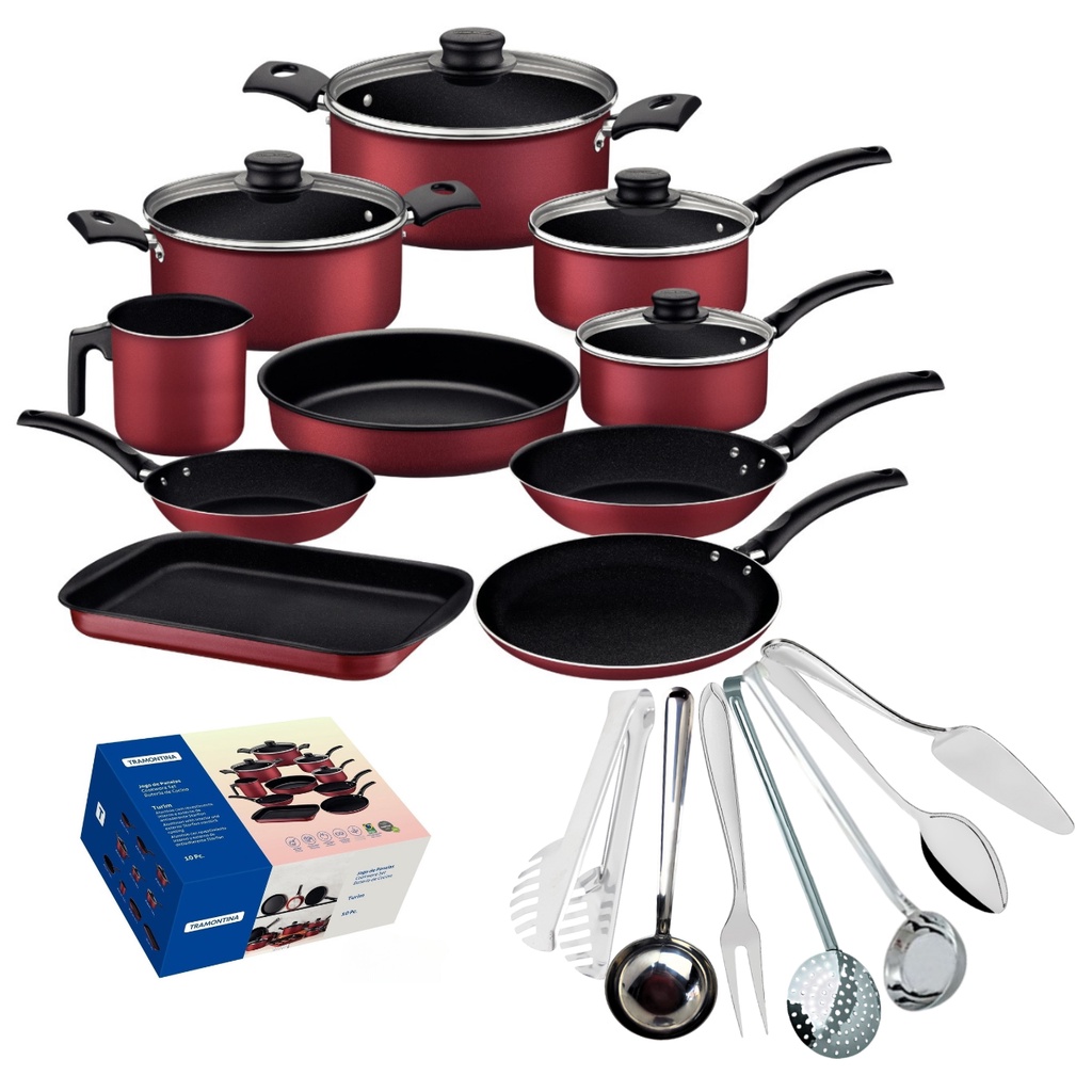 Kit Jogo de Panelas Tramontina Antiaderente Turim 17pçs Utensílios de Cozinha Inox