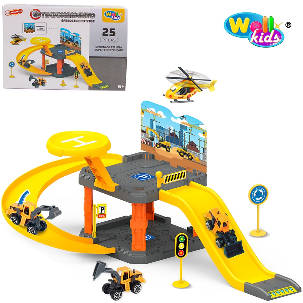 Brinquedo Pista Estacionamento/Garagem Com Carro + Acessórios 25 Peças - Wellkids