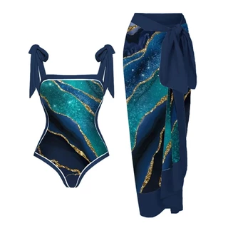 Feminino moda vintage azul praia roupa de uma peça maiô fita biquíni com saia vestido beira-mar