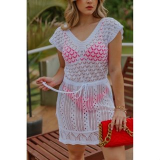 Saída De Praia Trabalhada Trico Vestido Decote Moda Verão
