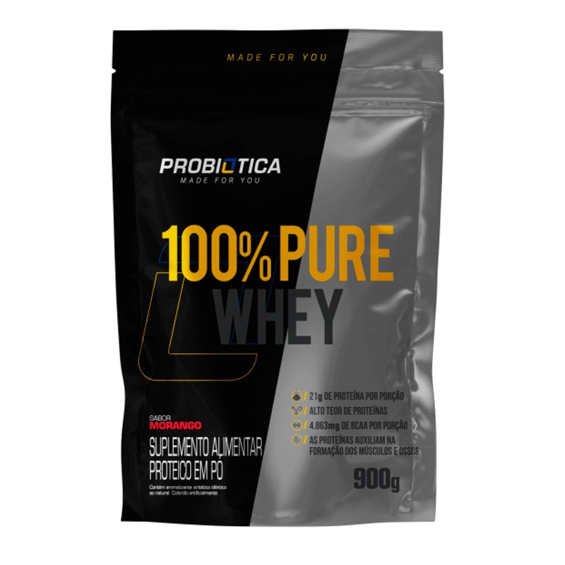 100% Pure Whey Protein Morango 900g Refil Probiótica