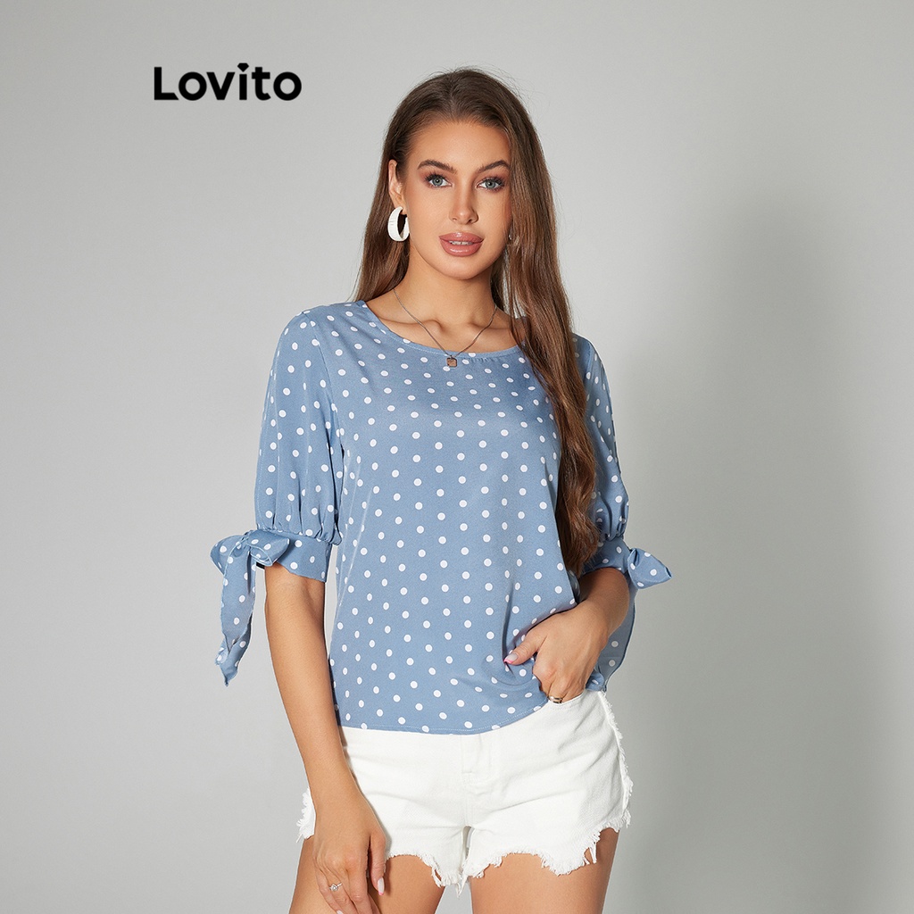 Lovito Blusa Casual De Bolinhas Com Renda Para Mulheres LBA05039 (Azul)