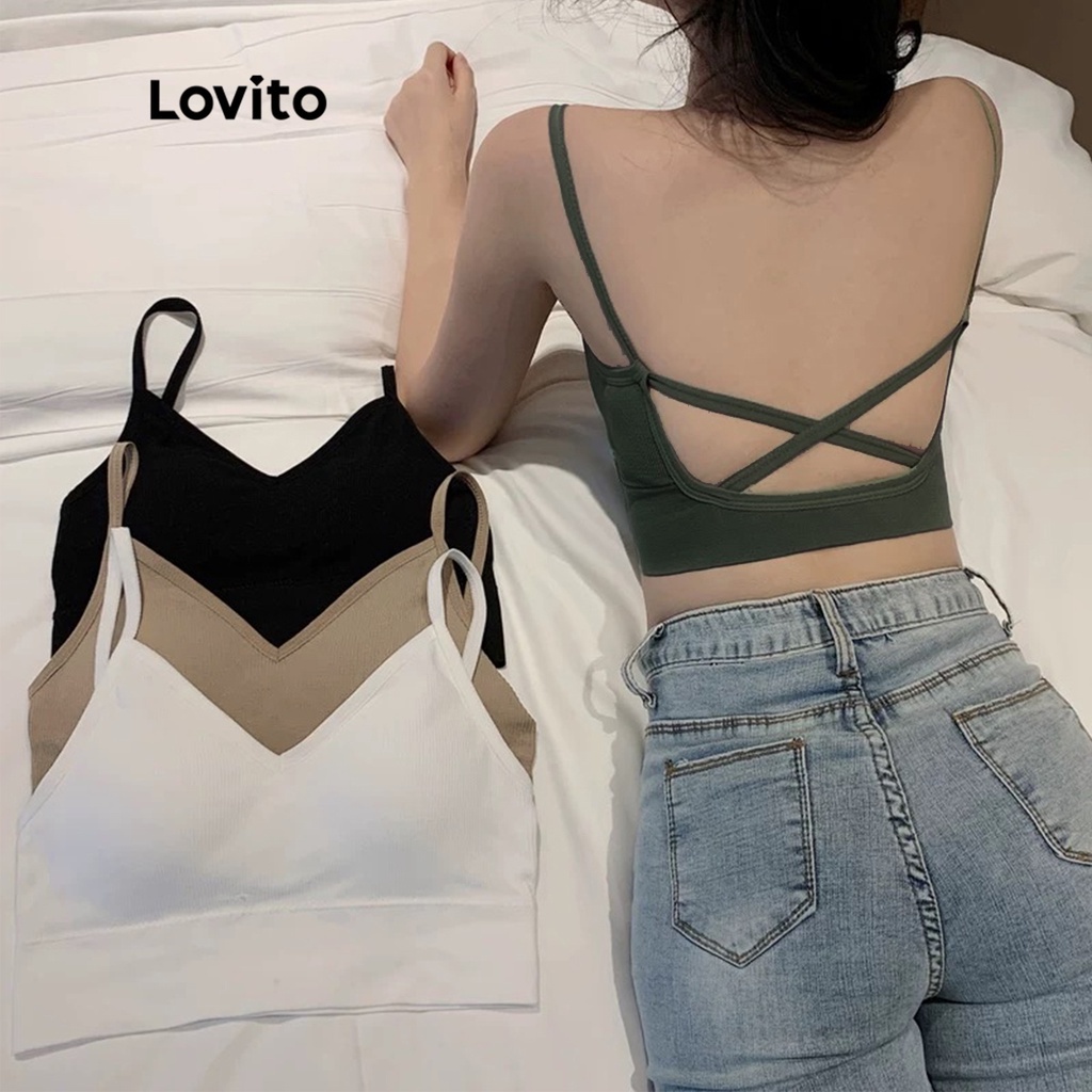 Lovito Casual Sutiã Feminino Liso de Tricô L50AD047 (Cáqui/Branco/Verde/Preto)