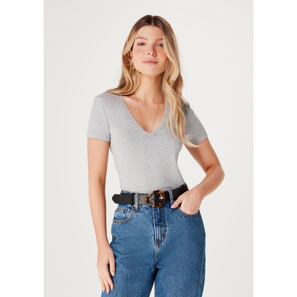 Blusa Básica Feminina Decote V Com Elastano