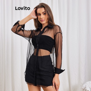 Lovito Blusa Sexy Lisa com Detalhes de Tecido para Mulheres LBL06126 (Preto)