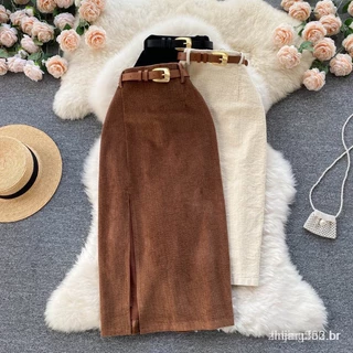 Novo outono inverno médio longo coreano de cintura alta estilo vintage saia casual elegante slide feminino