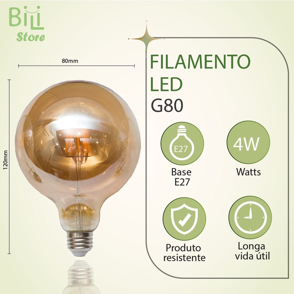 Lâmpada Filamento LED G80 4W E27 LUZ QUENTE (AMARELO) Âmbar Retrô Vintage 110V~220V | Bivolt