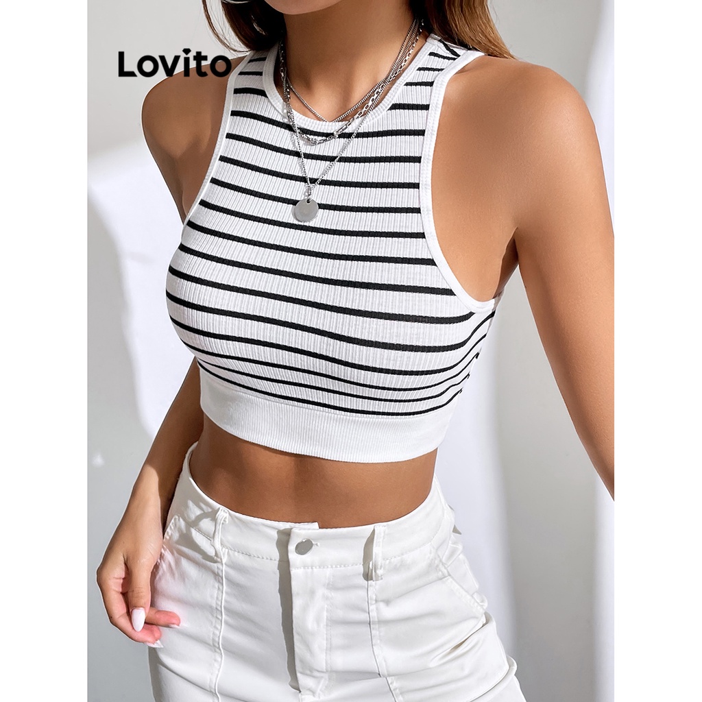 Lovito Regata Feminina Casual Com Costura Em Tecido Listrado LBL07046