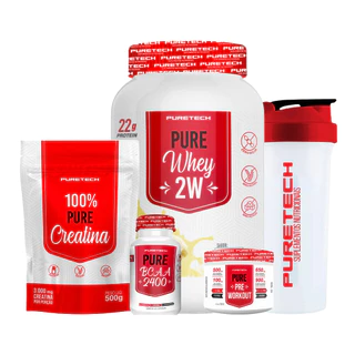 Kit Pure Whey 2W 900g + Creatina 100% Pura Refil 500G + Bcaa 120Caps + Pré Treino 100g + Coqueteleira PURETECH em Oferta na Shopee