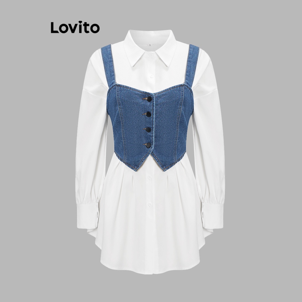 Lovito Colete Feminina Denim Casual Liso com Botão Bainha Irregular L37AD070 (Azul Marinho)