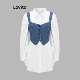 Lovito Colete Feminina Denim Casual Liso com Botão Bainha Irregular L37AD070 (Azul Marinho)