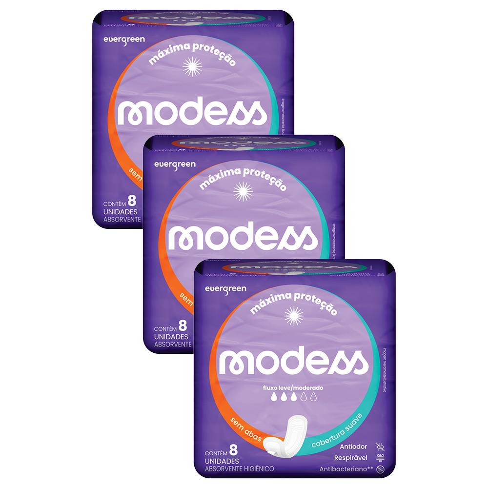 Kit 3 Absorventes Modess Malha Suave sem Abas 8un cada | Shopee Brasil