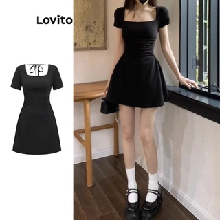 Lovito Vestido com Amarração e Mangas Curtas de Tecido Liso para Mulheres L61AD088 (Preto)
