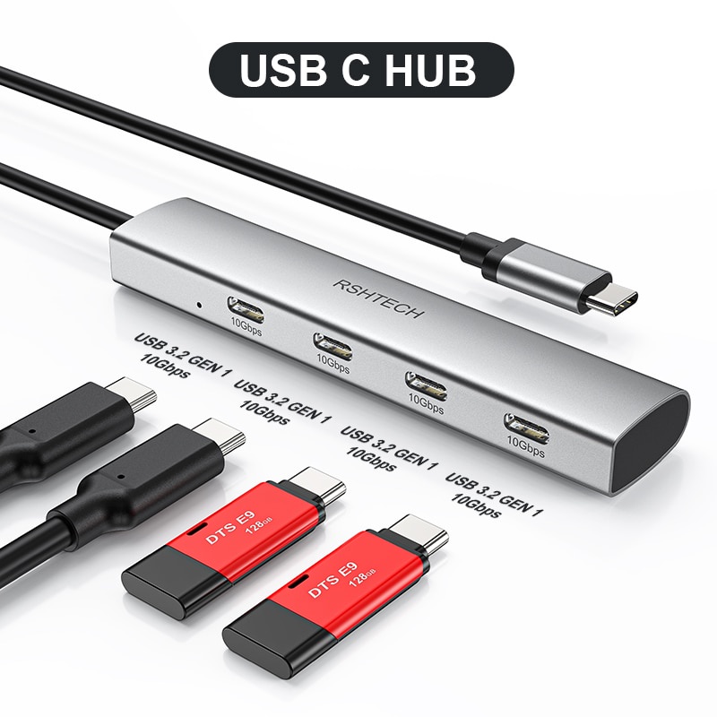 RSHTECH RX04 USB C Hub 10Gbps 4 Portas Para-3.2 Gen 2 Dongle Adaptador Multiportas Portátil Thunderbolt/Type Laptop E Mais