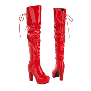 Botas sobre o joelho Botas longas Botas vermelhas botas femininas plus size 40-43 calcanhar grosso salto super-alto preto botas de cano até o joelho